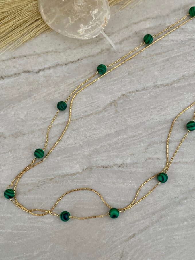 κολιέ rosary malachite χρυσό ατσάλι πράσινο μαλαχίτης διπλό