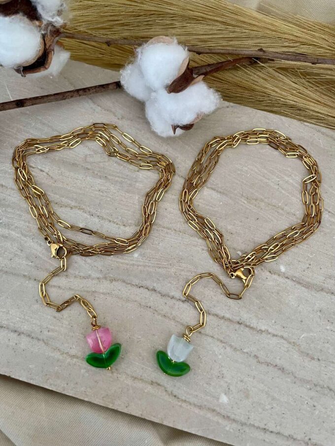αλυσίδα μέσης belly chain baby tulip lyxnari bijoux body jewelry boho style ανοξείδωτο ατσάλι επιχρυσωμένο χρυσό λουλούδι ροζ γαλάζιο κοσμήματα