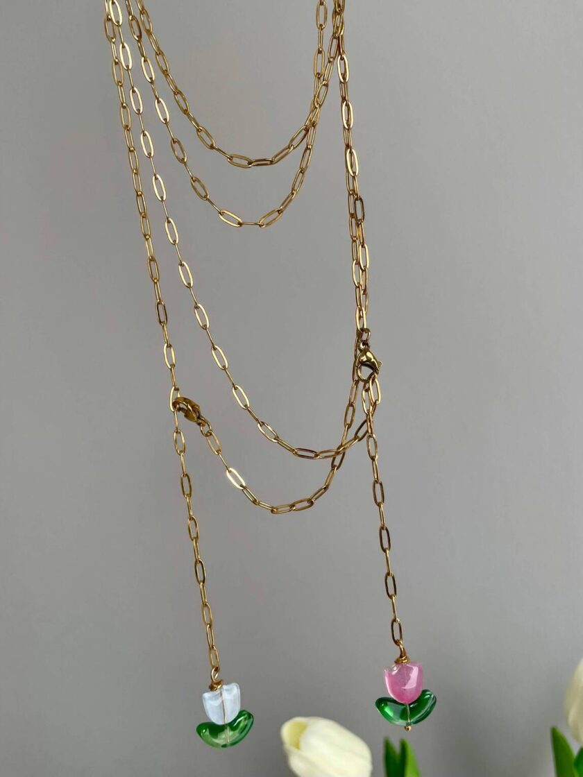 αλυσίδα μέσης belly chain baby tulip lyxnari bijoux body jewelry boho style ανοξείδωτο ατσάλι επιχρυσωμένο χρυσό λουλούδι ροζ γαλάζιο κοσμήματα