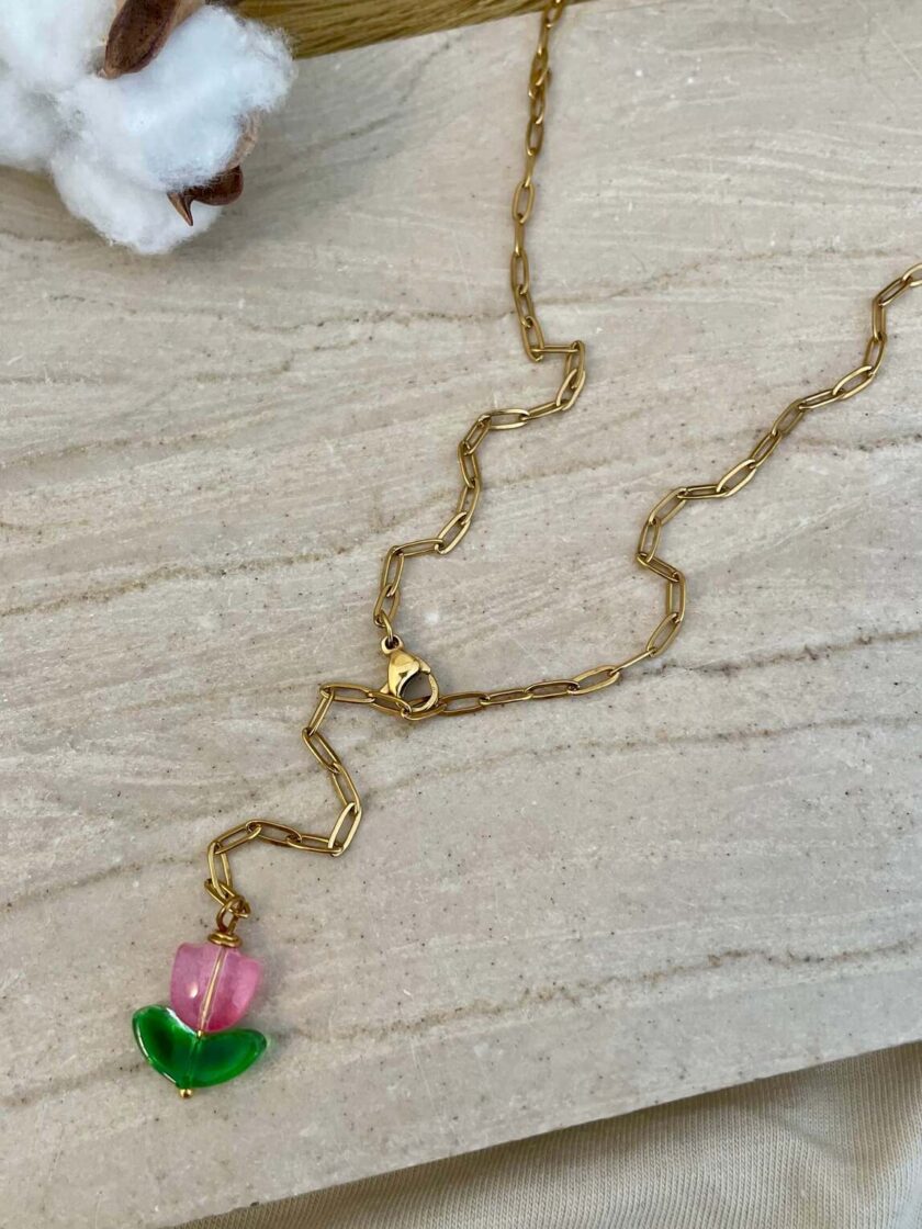 αλυσίδα μέσης belly chain baby tulip lyxnari bijoux body jewelry boho style ανοξείδωτο ατσάλι επιχρυσωμένο χρυσό λουλούδι ροζ κοσμήματα