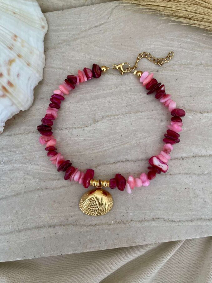 tropical anklet βραχιόλι ποδιού ροζ φούξια magenta χρυσό κοχύλι κοράλι βραχιόλια ποδιού καλοκαιρινά κοσμήματα γυναικεία boho bohemian style